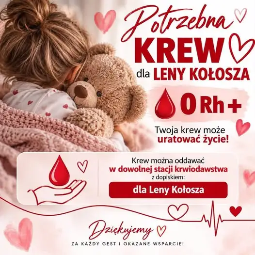 Pilny apel o krew dla Lenki z Mierzyna – dziewczynka czeka na przeszczep szpiku