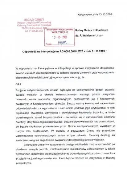 Interpelacja w sprawie świetlic wiejskich w gminie Kołbaskowo. Mieszkańcy czekają na zmiany