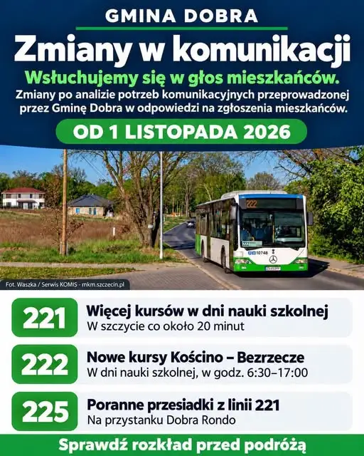 Gmina Dobra zmienia rozkłady jazdy: linie 221, 222 i 225 od 1 listopada