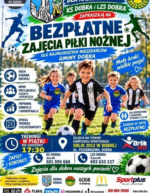 Bezpłatne treningi piłki nożnej dla dzieci w Gminie Dobra – ruszają już w piątki