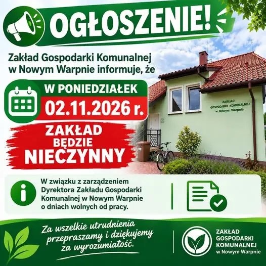 Nowe Warpno: 2 listopada 2026 r. ZGK nieczynny – dodatkowy dzień wolny